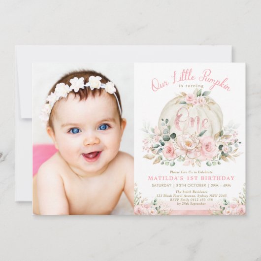 Hübscher Pumpkin Blush Rose Gold Floral 1. Geburts Einladung (Vorderseite)