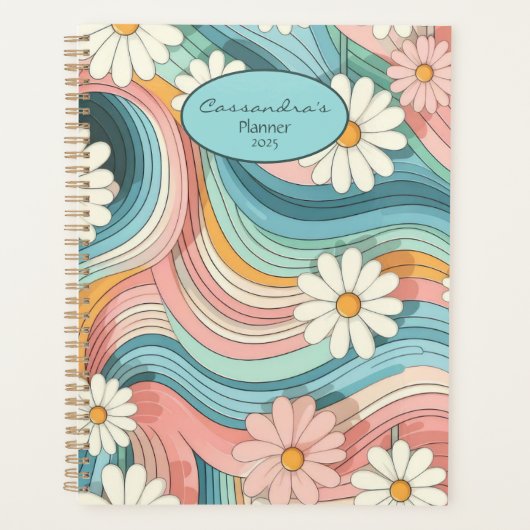 Hübscher Retro Daisy Blume Power Name Planer (Vorderseite)