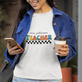 Hübscher Retro Groovy & Checkered Teacher T-Shirt