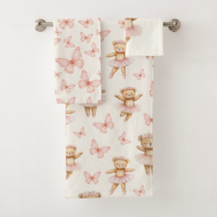 Hübscher rosa Ballerina-Bär und Schmetterlinge Badhandtuch Set