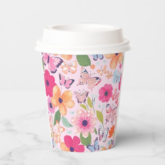 Hübscher Rosa Blumengarten Pappbecher (Rückseite)