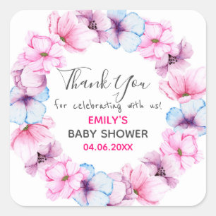 Hübscher rosa Blumenkranz Dankeschön Baby Shower Quadratischer Aufkleber