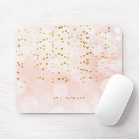 Hübscher rosa Bokeh und Herz Goldener Foil Confett Mousepad (Mit Mouse)