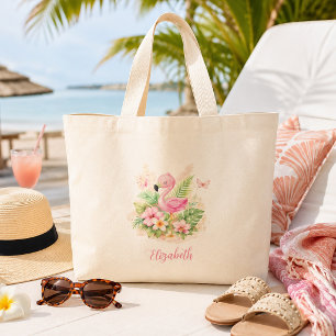 Hübscher Rosa Flamingo Tropisches Floral Jumbo Stoffbeutel