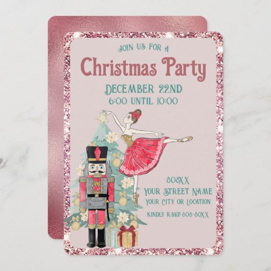 Hübscher rosa Glitzer und Aquamariner Nutcracker W Einladung (Vorne/Hinten)