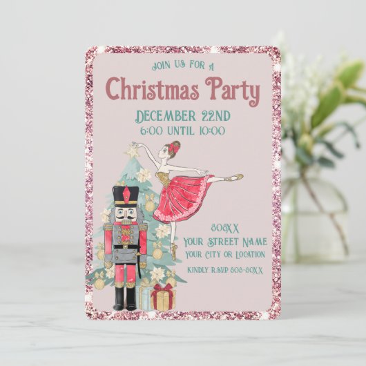 Hübscher rosa Glitzer und Aquamariner Nutcracker W Einladung (Stehend Vorderseite)