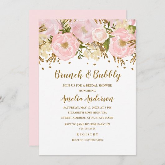 Hübscher rosa goldfarbener Brunch mit Blumenmotive Einladung (Vorne/Hinten)