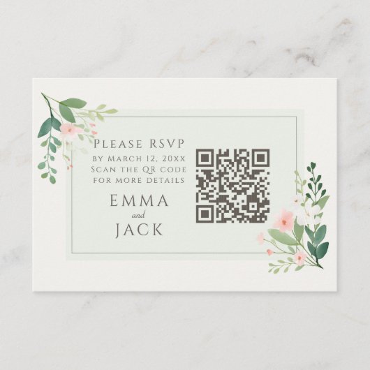 Hübscher rosa grüner Blumenzwiebelcode RSVP QR Cod Begleitkarte (Vorderseite)