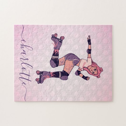Hübscher Rosa Haar Rollerblading Skater Name Puzzle (Horizontal)