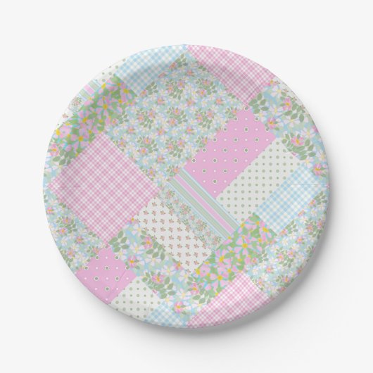 Hübscher rosa Hundsrosen-Falsch-Patchwork-Papierte Pappteller (Vorderseite)