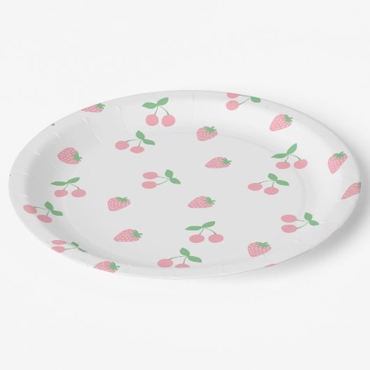 Hübscher Rosa Kirschkirsche Erdbeeren Frühling Frü Pappteller (Schrägansicht)