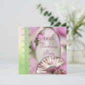 Hübscher rosa Magnolien-u. Fan-90. Geburtstag Einladung (Stehend Vorderseite)