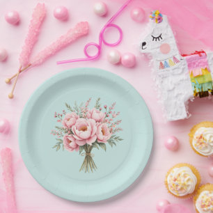 Hübscher rosa Pfingstrosen-Blumenstrauß Pappteller