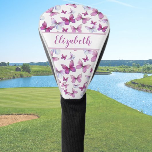 Hübscher rosa Schmetterling mit individuellen Name Golf Headcover