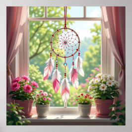 Hübscher rosa Traumfänger und Pflanzen auf der Fen Poster