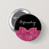 Hübscher rosa und schwarze Roseblumenchic-Bogen Button (Vorne & Hinten)