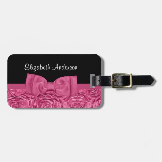 Hübscher rosa und schwarze Roseblumenchic-Bogen Gepäckanhänger (Vorderseite horizontal)
