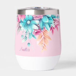 Hübscher Rosa und Türkiser Floral Thermo-Becher