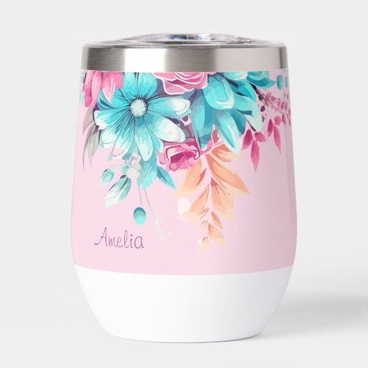 Hübscher Rosa und Türkiser Floral Thermo-Becher (Vorderseite)
