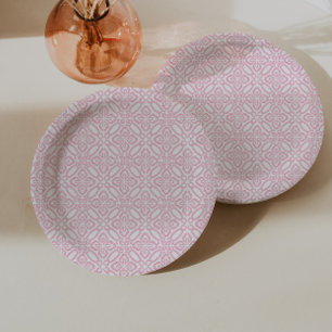 Hübscher rosa und weißer Vintage-Fliesenaufdruck Pappteller