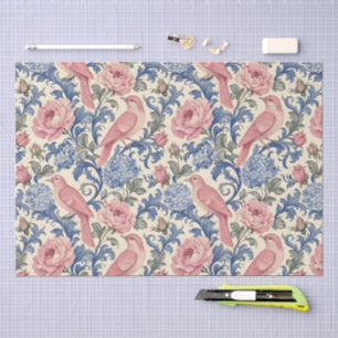 Hübscher rosa Vogel & blaues florales botanisches Seidenpapier