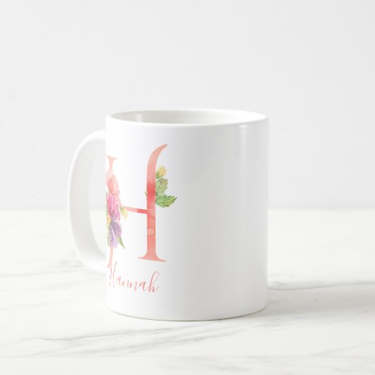 Hübscher rosa Watercolor-Buchstabe "H " Kaffeetasse (Vorderseite Links)