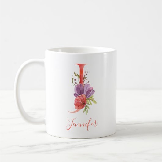 Hübscher rosa Watercolor-Buchstabe "J " Kaffeetasse (Links)