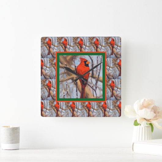 Hübscher Roter Kardinal im Winter Quadratische Wanduhr (Zuhause)