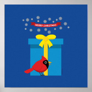 Hübscher roter Kardinal mit blauem Geschenk Poster