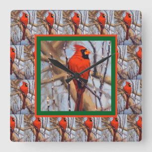 Hübscher roter Kardinalvogel im Winter Quadratische Wanduhr