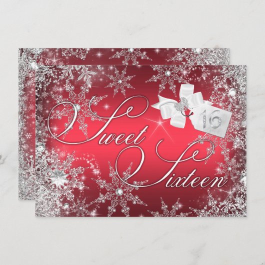 Hübscher Roter Schneeflocken Sweet 16 Einladung (Vorne/Hinten)