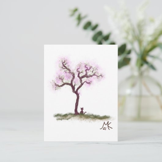 Hübscher Sakura Tree mit kleiner Katze Postkarte (Stehend Vorderseite)