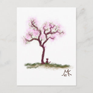 Hübscher Sakura Tree mit kleiner Katze Postkarte