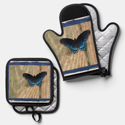 Hübscher Schwarzer Butterfly Ofenhandschuh & Topflappen-Set (Vorderseite/Rückseite)