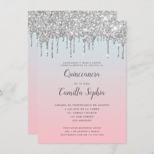 Hübscher Silver Glitzer Gradient Quinceañera Gebur Einladung (Vorne/Hinten)