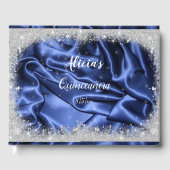 Hübscher Silver Glitzer und Blue Satin Quinceanera Gästebuch (Vorderseite)