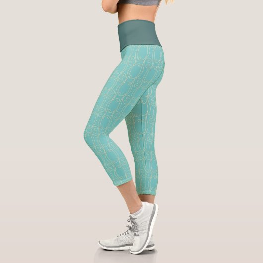 Hübscher Sommer Aquamarin & gelb Wirbles Muster Capri Leggings (Links)