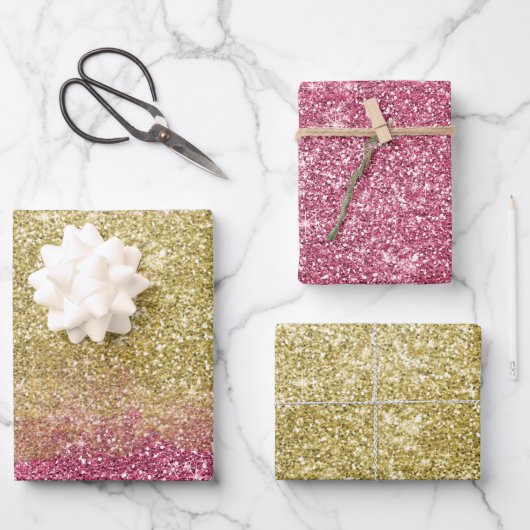 Hübscher Sparkor Gold Pink Imitate Glitzer Geschenkpapier Set (Vorderseite)