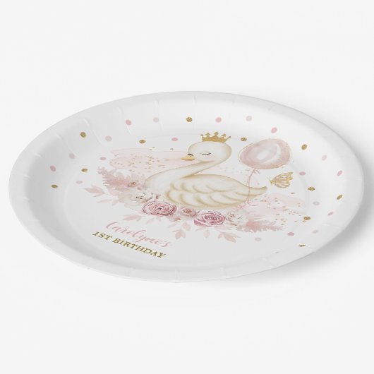 Hübscher Swan Princess Blush Gold Ballon Geburtsta Pappteller (Schrägansicht)