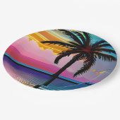 Hübscher tropischer Palmenbaum und Lila Sonnenunte Pappteller (Schrägansicht)