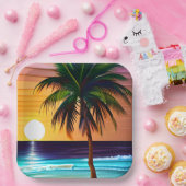 Hübscher tropischer Palmenbaum und Sonnenuntergang Pappteller (Party)