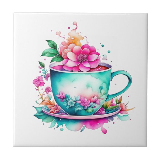 Hübscher Vintager Kaffee-Cup mit rosa Blume Fliese (Vorderseite)