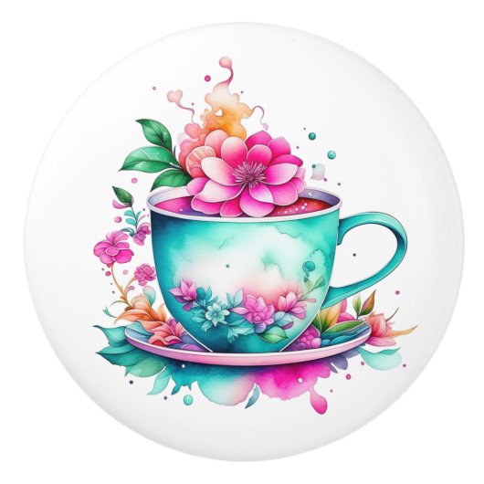 Hübscher Vintager Kaffee-Cup mit rosa Blume Keramikknauf (Vorderseite)