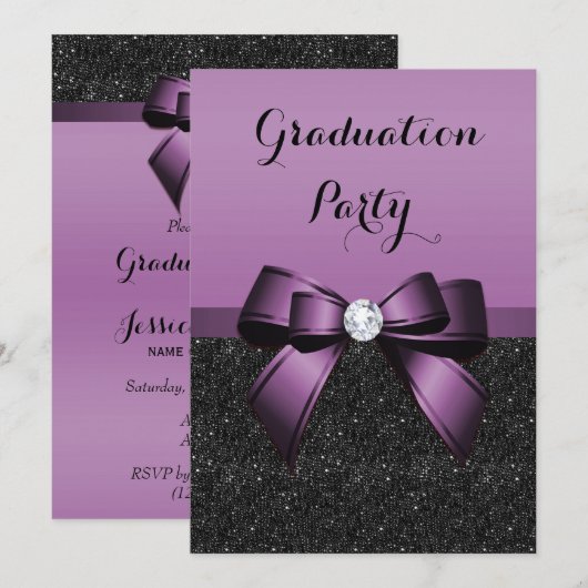 Hübscher Violet-Gem-Bow & Glitzer-Abschluss Einladung (Vorne/Hinten)