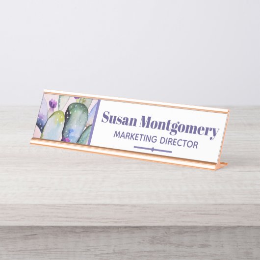 Hübscher Watercolor-Kaktus u. Blüten | Schreibtischnamensplakette (Vorderseite )