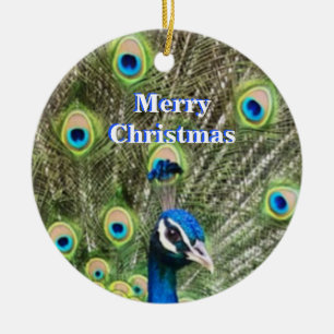 Hübscher Weihnachtsblauer Pfauen Vogel & Kalligraf Keramik Ornament