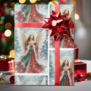 Hübscher Weihnachtsengel in Rot und Grün mit Schne Geschenkpapier