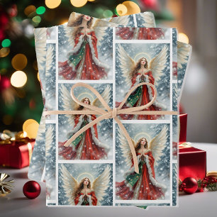 Hübscher Weihnachtsengel in Rot und Grün mit Schne Geschenkpapier Set