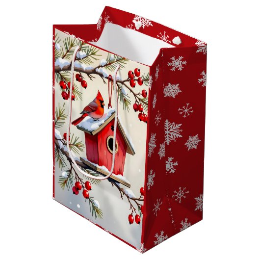 Hübscher Weihnachtskardinal und Schneehäuschen-Sch Mittlere Geschenktüte (Vorderseite Schrägansicht)