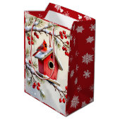 Hübscher Weihnachtskardinal und Schneehäuschen-Sch Mittlere Geschenktüte (Rückseite Schrägansicht)